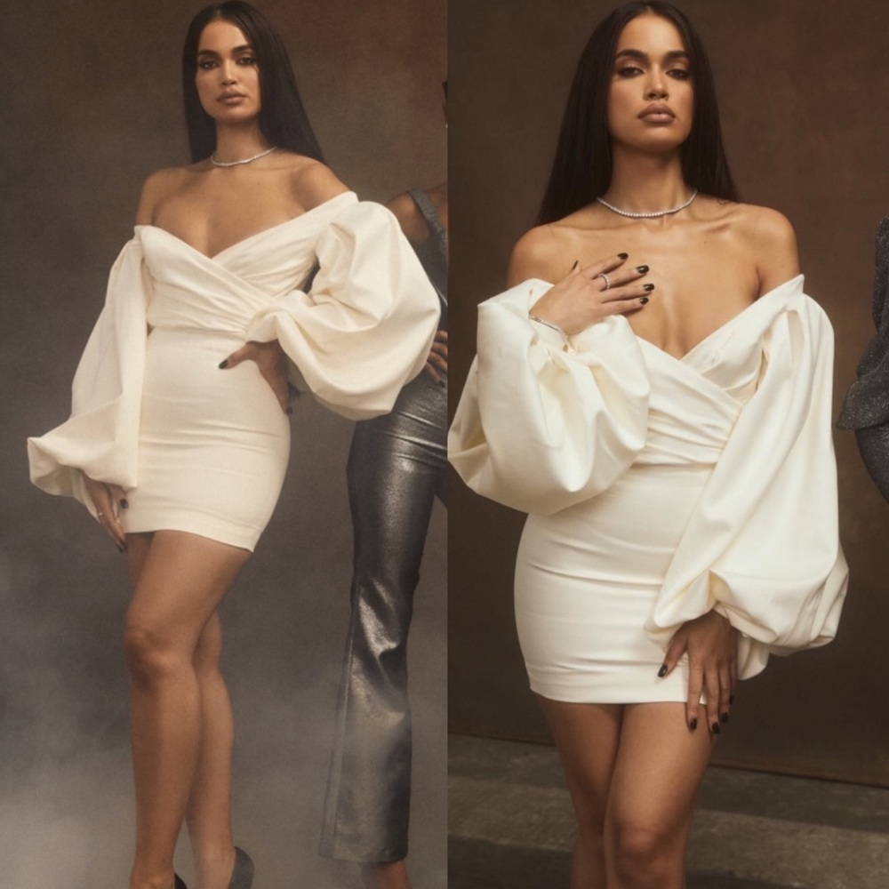 HOUSE OF CB 'Carlyn' Ivory Satin Balloon Sleeve Mini Dress/Size XS‎ NWOT - Picture 15 of 15